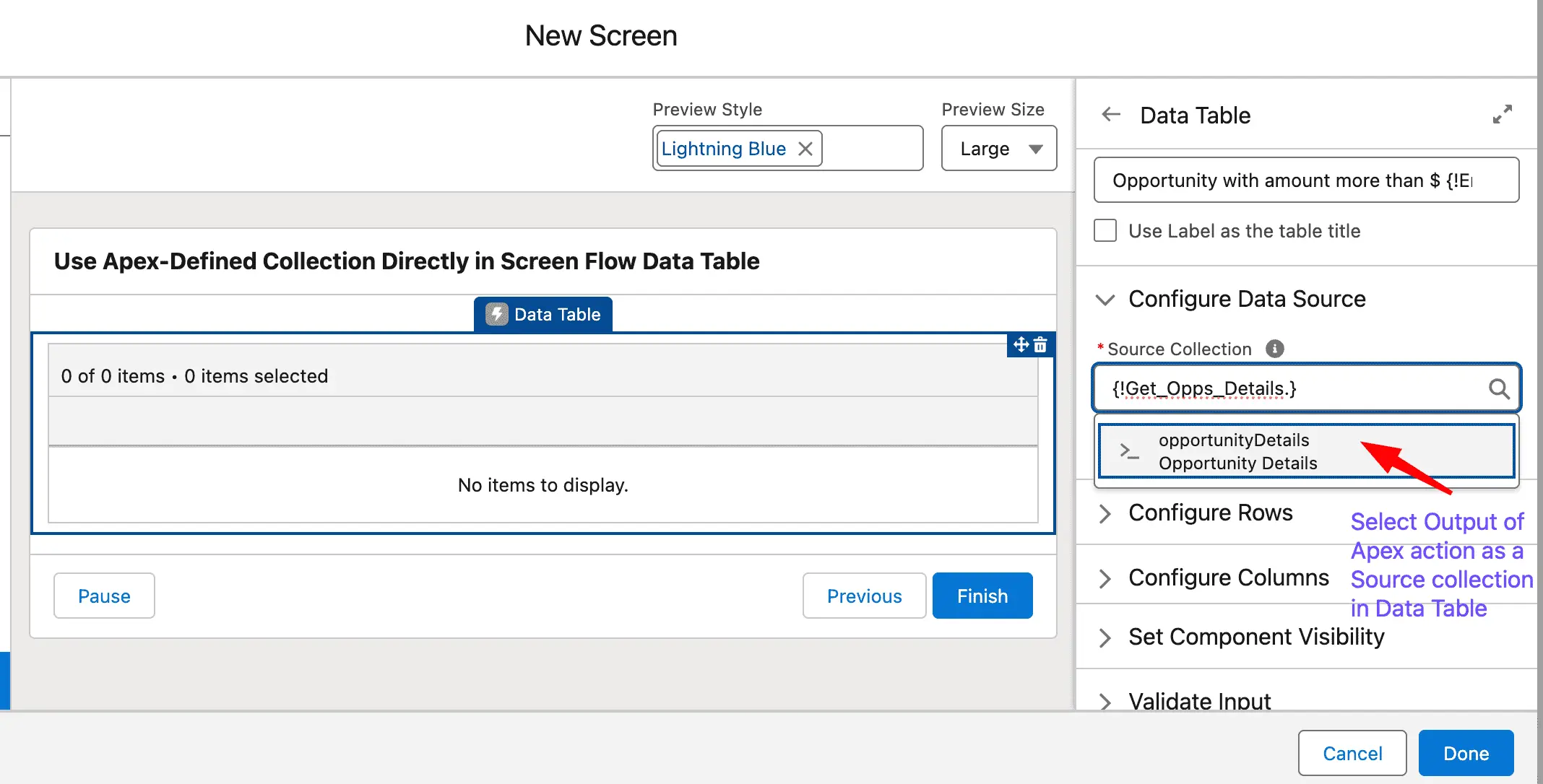 Setting Output source from Apex action as source collection to Data Table in Screen element